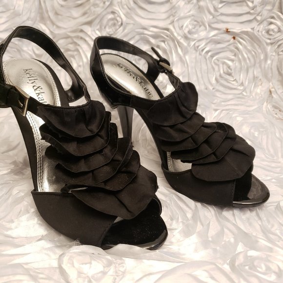 Kelly & Katie Black Satin Ruffle T-Strap Strappy Open Toe Heels Women's Size 6 - Picture 4 of 9